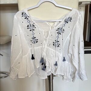 Free People Embroidered White Boho Top